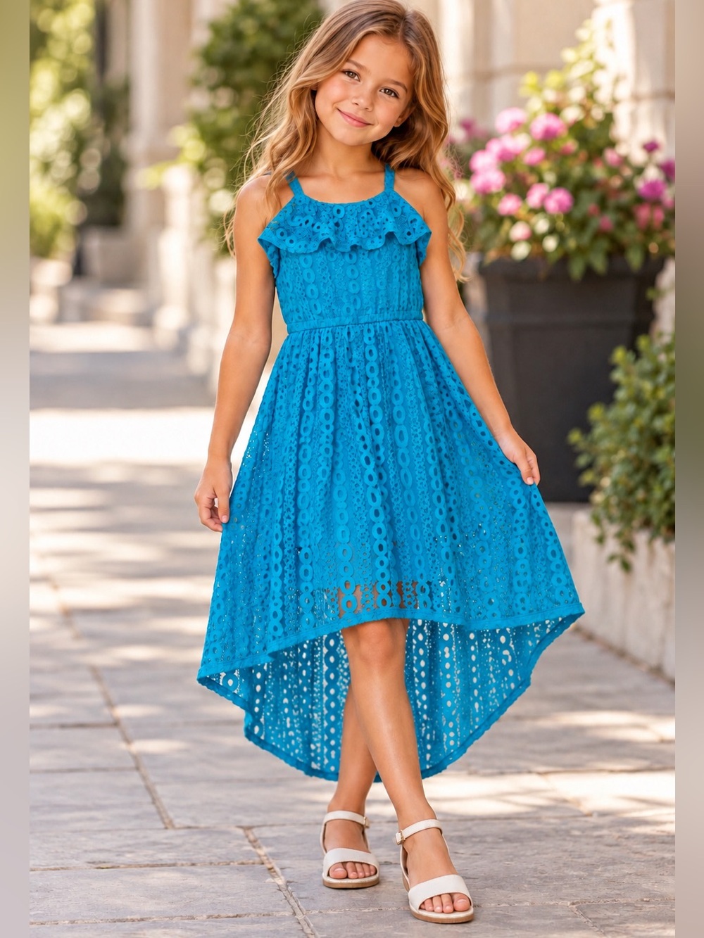 Sequin Heart Girls Blue Lace High-Low Summer Dress – Size 7